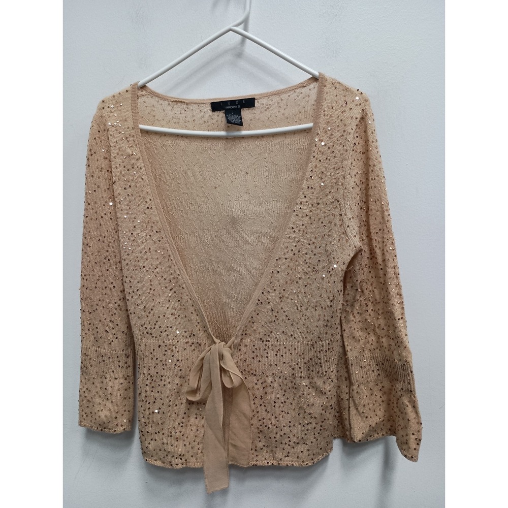 Arden B Luxe Cardigan Womens Large Beige Silk Cashmere Sequin Tie Front VTG Y2K